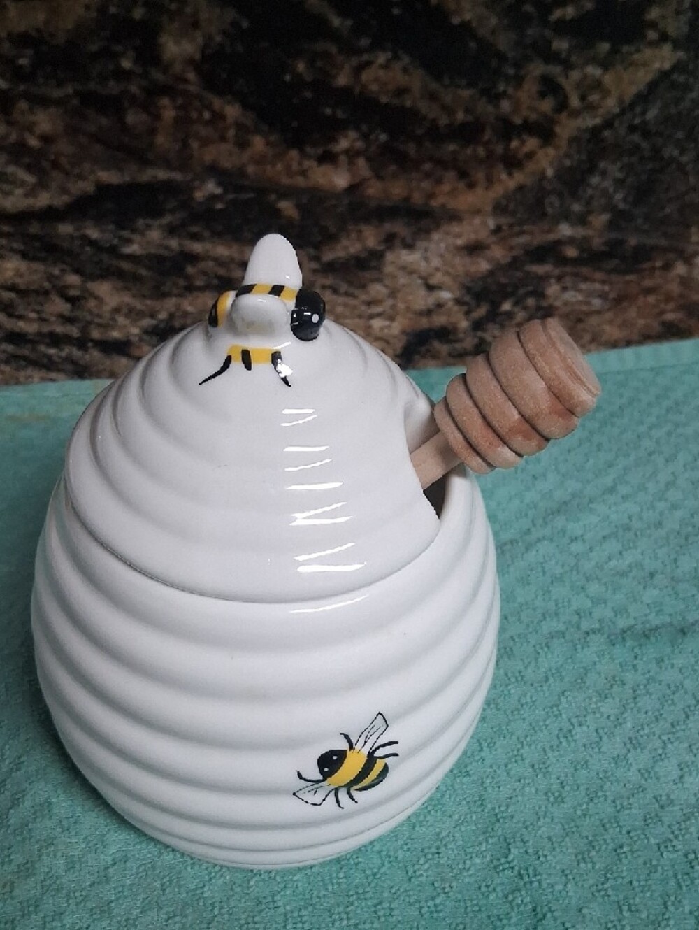 Ceramic White Bee Honey Pot with Wooden Dipper - Picture 2 of 9
